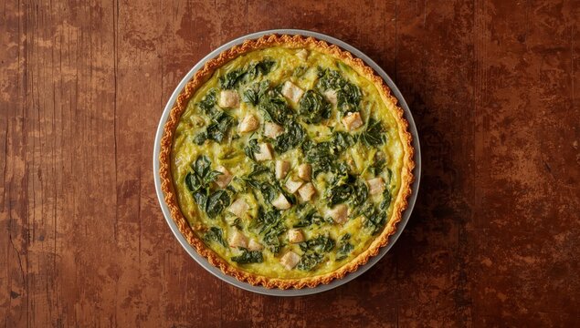 Rustic tabletop view of fish and nettles quiche pie