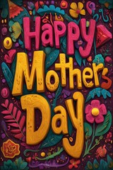 Mothers Day, Valentines Day, love holiday theme. A vibrant, handdrawn poster with the words Happy Mothers Day surrounded by colorful flowers and leaves.