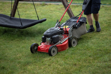Obraz premium Man mowing green lawn with gasoline lawn mower in rain at backyard garden on summer day. Garden maintenance, home care, landscaping work, seasonal chores and outdoor household activity