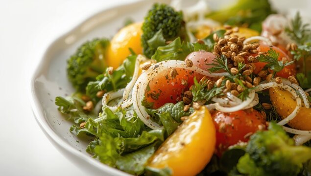 Salad of broccoli, kale, tomatoes, daikon, and orange with mustard seeds and herbs