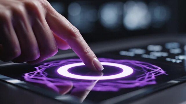 Fingerprint scanning on futuristic touch screen interface with stylish animated glowing effects