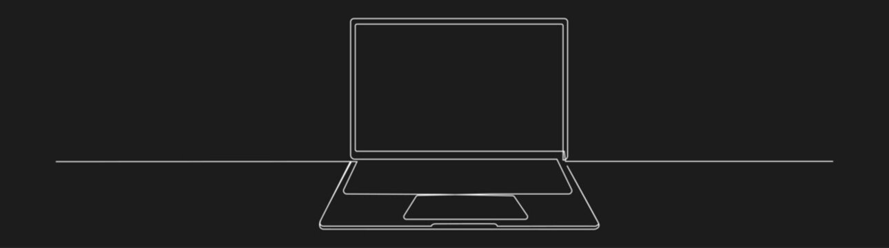 Continuous line drawing of an open laptop computer on a black background, minimalist technology illustration.