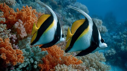 Two vibrant pennant butterflyfish swim gracefully near a colorful coral reef ecosystem in a clear blue tropical ocean environment underwater.