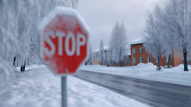Snow-covered stop sign in winter on snowy roadside background