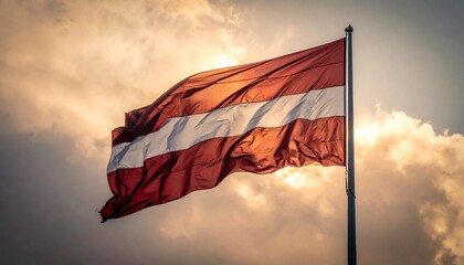 Latvia Flag Waving at Golden Sunset