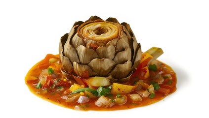 Savory artichoke with sauce and fresh veggies on white background