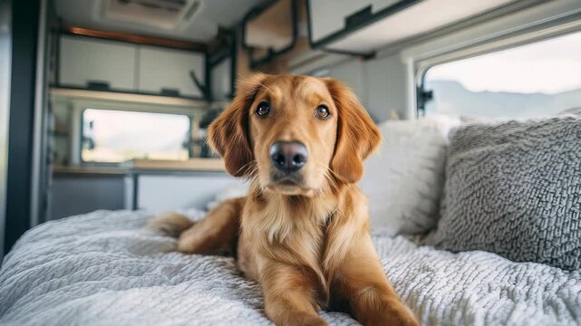 Golden retriever lying comfortably on a soft bed in a stylish camper van, surrounded by pillows and natural light. Captures the essence of pet companionship and nomadic lifestyle trends