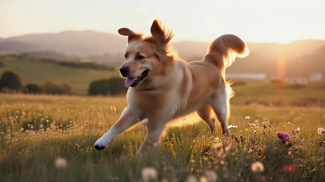 Golden Retriever Dog Running Joyfully Through Grassy Field at Sunset Cinematic Motion