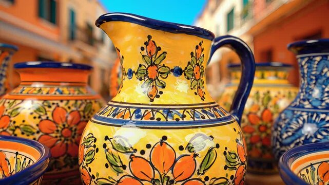 Vibrant Mexican Talavera Pottery Displayed on a Sunny Street in a Colonial Town.