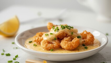 Fototapeta premium Shrimp in salty egg sauce, a common seafood accompaniment