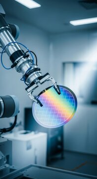 Robotic mechanism transferring a reflective semiconductor wafer inside an isolated, highly controlled microchip manufacturing laboratory area, isolated, processing, robotic arm