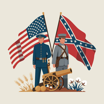 American Civil War soldiers with flags and cannon union soldier confederate soldier american flag