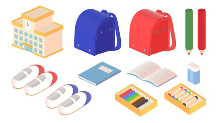 学校に関連したアイテムの3DCGイラスト。小学校にまつわるアイソメトリックアイコン素材。学校や塾、教育現場のプロモーションに適した挿絵