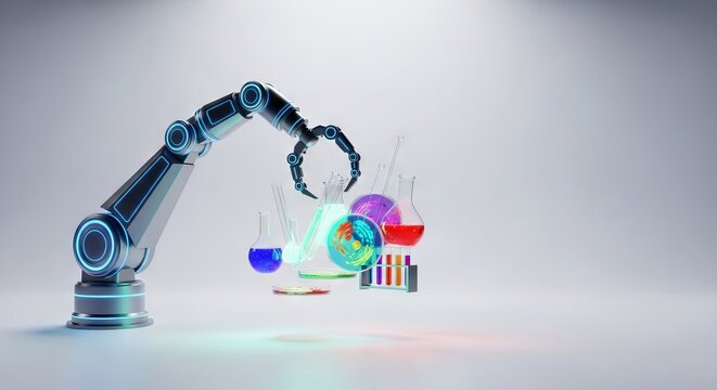Futuristic robotic arm device sorting laboratory samples, digitally floating in a clean, abstract white conceptual environment, abstract, control, 3D