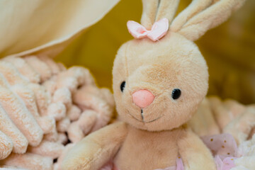 Plush bunny toy with pink bow and tutu on soft blanket. Cute animal doll for baby and child, gift for Easter or birthday.