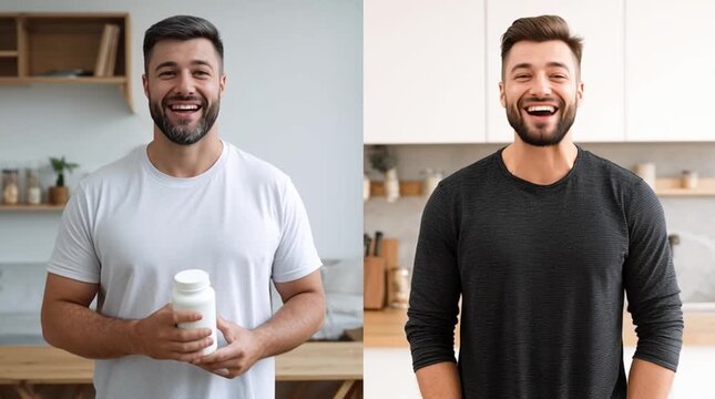 Wellness in Double Exposure: A man showcases supplement containers in two frames, symbolizing health, vitality, and balance. It's a visual metaphor for the power of supplements.