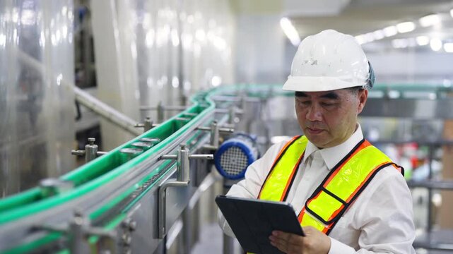 Asian man factory engineer monitoring canned food production line and inspecting manufacturing process with safety equipment inside industrial food processing plant and automated packaging facility.