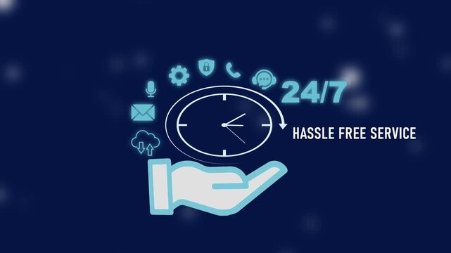 24/7 Hassle- Free Service Concept with Hand Holding Clock and 24/7 service hassle-free customer support