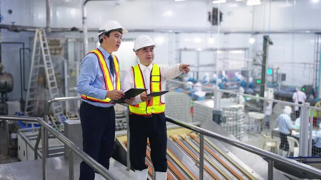 Asian man factory engineers and manager quality control inspection in canned food manufacturing plant review production line with safety equipment and industrial processing inside modern food factory.