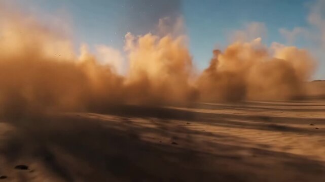 Meteorite impact with fiery explosion in desert under clear sky as apocalyptic natural disaster