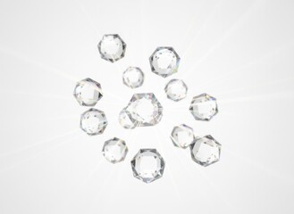 Collection Of Sparkling Faceted Gemstones Floating In A Bright White Studio With Radiant Light Rays Emanating From Behind