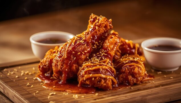 Spicy sesame-coated Korean fried chicken