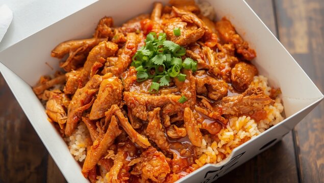 Spicy, flavorful shredded chicken over rice with soy sauce