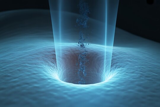 A futuristic portal with a glowing blue aura and a mysterious object descending