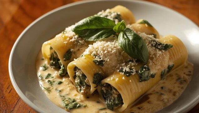 Spinach and cheese stuffed pasta with b&eacute;chamel. View top