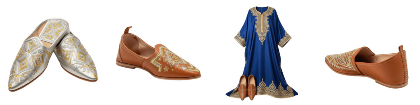 middle eastern men's royal blue kaftan thobe collection, handmade embroidered leather khussa shoes and silver mojari footwear set, ethnic arab fashion, isolated on white background, png
