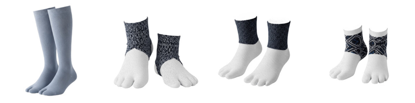 japanese traditional tabi socks collection, split toe cotton hosiery for kimono and yukata, authentic ethnic footwear accessory set, isolated on white background, png