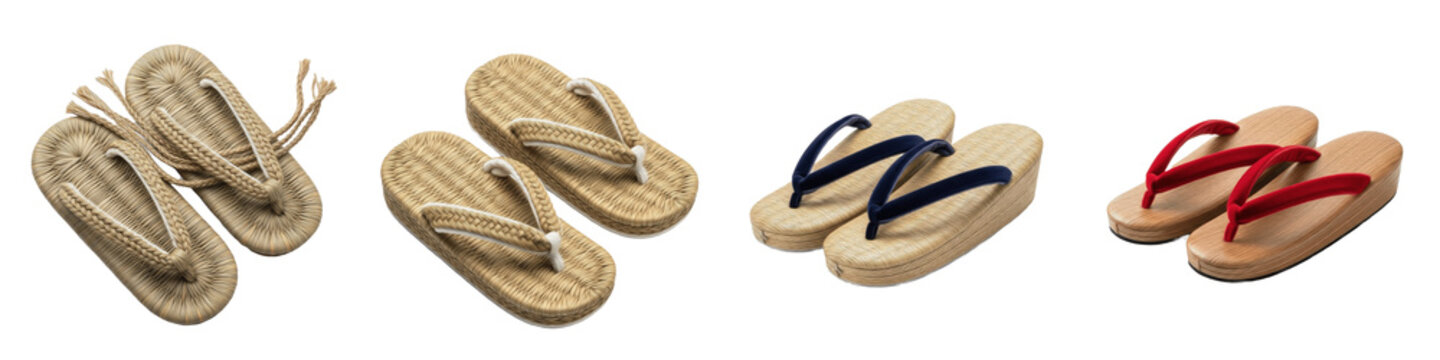 japanese traditional zori and setta sandals collection, handcrafted straw woven flip flops with colorful fabric straps, authentic ethnic footwear set, isolated on white background, png