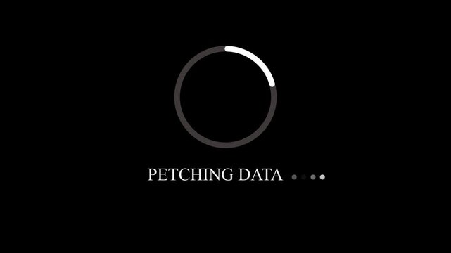 Loading screen animation fetching data progress bar on black background with white text and circular indicator.