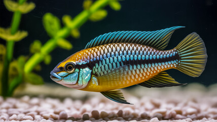 Close up of a vibrant blue and yellow fish swimming in an aquarium with green plants and sand substrate
