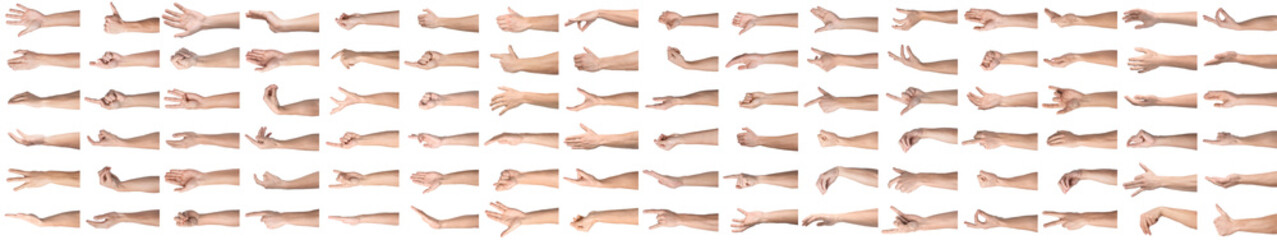 Left-handed men showing gestures on white background, closeup. Big collection of male hands
