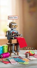 A charming miniature robot meticulously stitches vibrant fabric scraps into unique garments within a quaint, creative crafting studio, efficiency, detailed, studio
