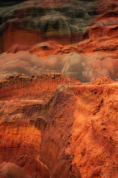 The red crater of The Seydisholar volcano. Closeup abstract Vertical banner with place for text
