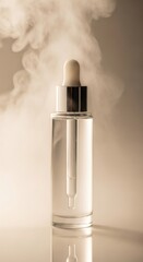 Clear dropper bottle with mist rising from the top, viewed from the front