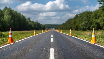 Street flanked by traffic cones, featuring clear space in the middle