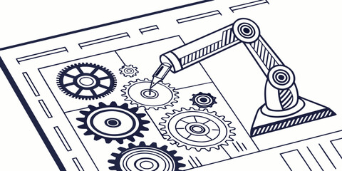 Industrial robotic arm assembling mechanical gears in a factory setting