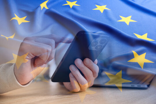 Visa application. Woman using mobile phone, double exposure with flag of European Union