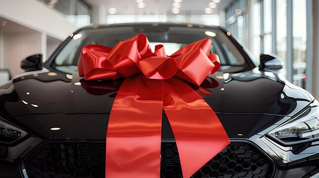 Shiny black luxury sedan adorned with a giant festive red bow sits proudly displayed inside a modern bright automobile dealership showroom ready for a special occasion celebration.