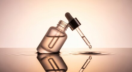 Serum bottle and dropper on reflective surface with liquid