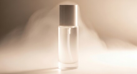 Clear bottle with silver cap on fabric surface