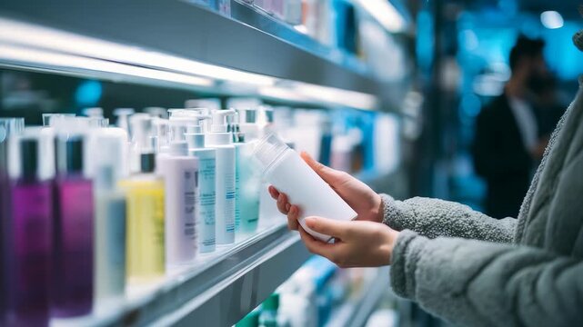 Captures close up hands holding white cosmetic bottle among colorful skincare products on display. Scene highlights process choosing beauty items in contemporary retail environment