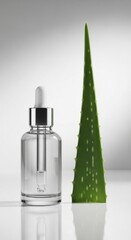 Serum bottle with dropper beside Christmas tree decoration on white surface from a front view