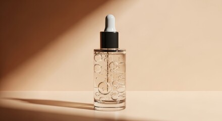 Clear glass dropper bottle on beige surface with soft natural light