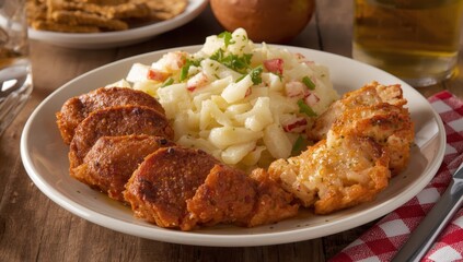 Fototapeta premium Tasty Bavarian sausage with potato salad and sauerkraut