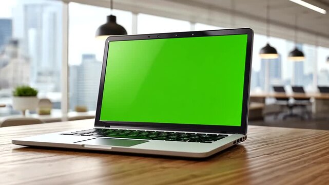 A modern laptop with a green screen sits on a wooden desk, in a bright office setting
