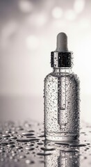 Dewy serum bottle on reflective surface with droplets